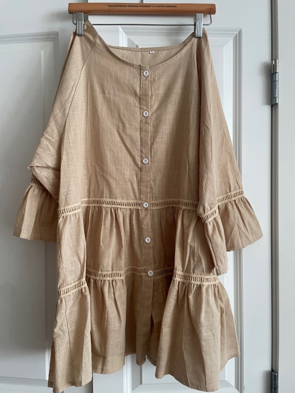 Button-Front Tiered Peasant Dress or shirt in Beige